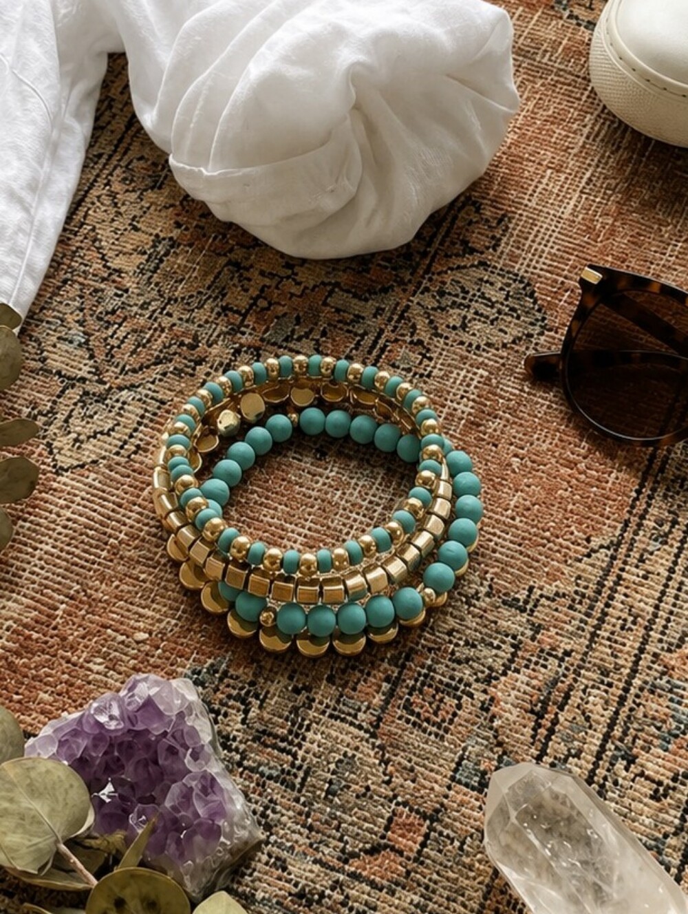 Turquoise & Gold Beaded Stretch Bracelet Stack | Set of 4 - Picture 2 of 3
